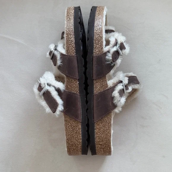 Birkenstock women’s Sandals Mayari Brown oiled leather shearling wool Fur 39 NEW - Picture 4 of 5